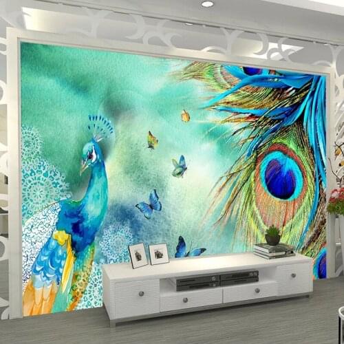 Custom Photo Mural Wall Art Blue Peacock Feather Wall Decor Painting Modern Living Room Sofa TV Background Wallpaper Wall Murals