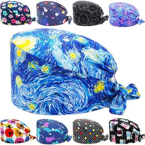 Unisex Surgery Hat Adjustable Cotton Anime Printing Beauty Salon Pharmacy Pet Shop Dentist Working Nursing Scrubs Caps Wholesale