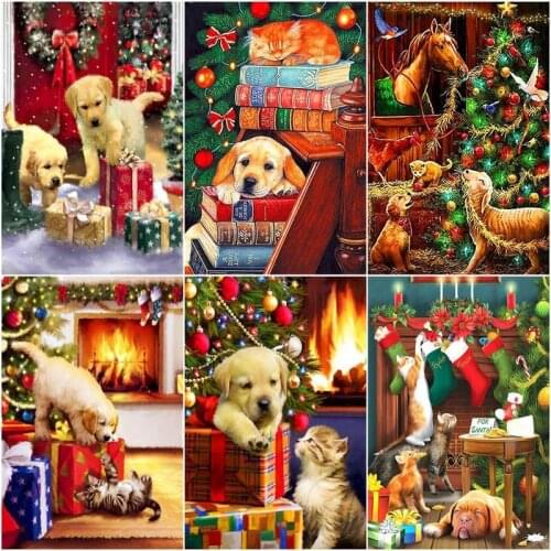 GATYZTORY Painting By Number Christmas Dog Drawing On Canvas Handpainted Art Gift DIY Pictures By Numbers Animal Kits Home Decor