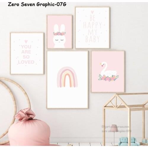 Canvas Print Picture Nordic Dreamy Cartoon Animal Pink Rainbow Flower Crown Swan Rabbit Poster For Baby Girls Room Decoration