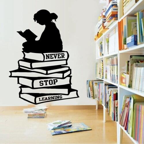 Large Girl Reading Books Never Stop Learning Quote Wall Decal Library School Book Inspirational Quote Wall Sticker Education Art