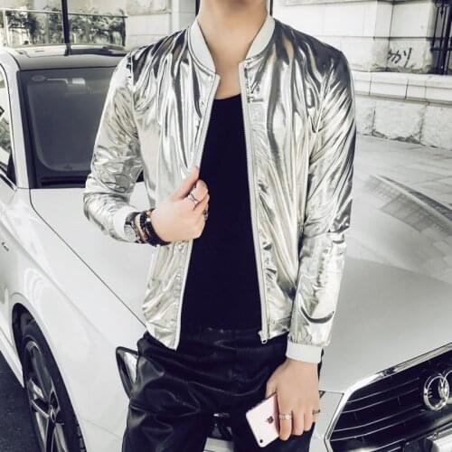 Silver Bright Bomber Jacket Men Thin Reflective Jacket Coats Male Streetwear Stretch Slim Fit Hip Hop Nightclub Stage Jacket Man