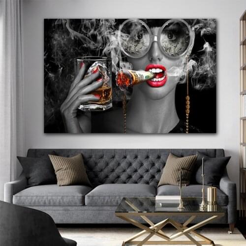 Fashion Beauty Smoking Woman with Glasses Painting Posters Scandinavian Wall Art Picture for Living Room Home Decor (No Frame)