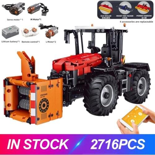 MOULD KING 17020 APP Car Toys The RC Motorized Trator With Roller Packer Harrow Building Blocks Part Kids Christm
