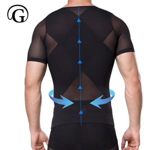 Men Posture Corrector Shaper Gynecomastia Tops Slimming Abdominal Shirt Short Sleeves Tummy Trimmer Corset Zipper Control Belly