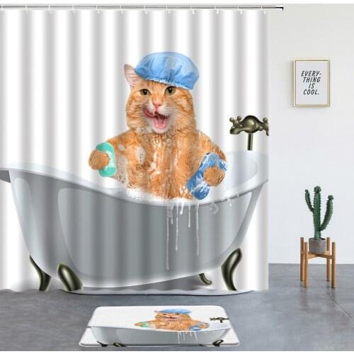 Cute Cat Printed Shower Curtains Set Funny Animal Child Room Decoration Bathroom Screen Entrance Door Mat Non-slip Rugs Bath Mat