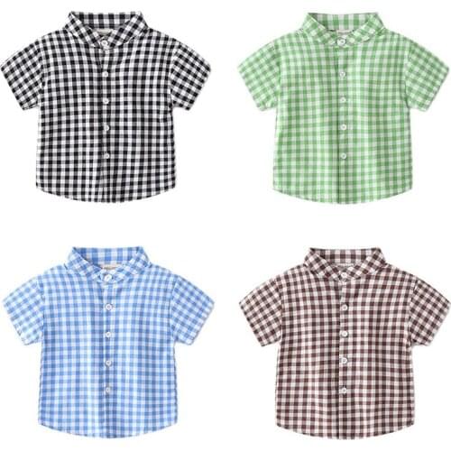 Summer New Boys Plaid Shirt Korean Style Kids Clothes Casual Thin Pure Cotton Handsome Short Sleeve Top 2-6y Childrens Clothing