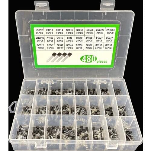 480Pcs 24 Types Silicon In-line NPN / PNP Transistor Assortment Kit Pack 2N2222 Components & Supplies Active Components