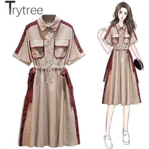 Trytree Summer Womens Dress Casual Turn-down Collar Drawstring Waist Ribbons Buttons Striped Shirt Dress Knee-Length Office Lady