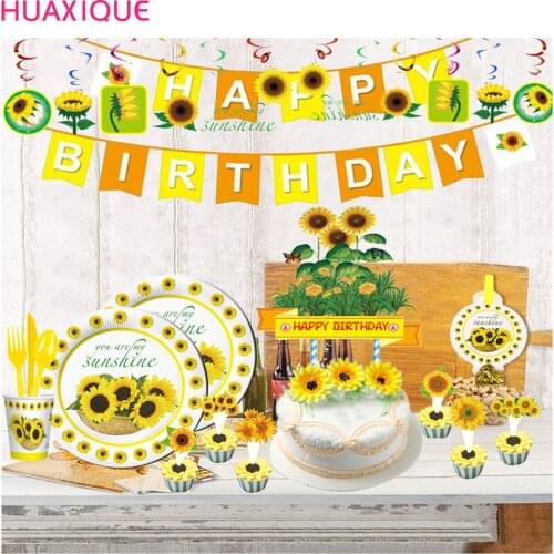 Sunflowers Party Decor Sun Flower Tableware Paper Cup Plates Tablecloth Straw Baby Shower Happy Birthday Banner Bountting