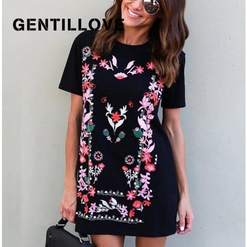Gentillove Casual Short Sleeve T Shirt Dress Vintage Indie Folk Style Mini Dress Floral Print Harajuku Loose Streetwear Dress