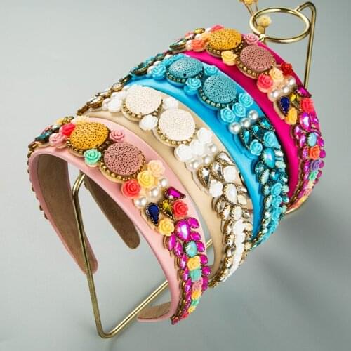 Retro Macaron Colored Flower Wide-brimmed Headband Temperament Water Droplet Crystal Beading Girl PartyHair Accessories Headwear