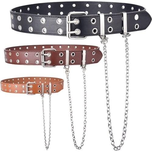 Women Punk Chain Decorative Fashion Belt Adjustable Double Row Hole Eyelet Waistband With Eyelet Metal Buckle Leather Jeans Belt