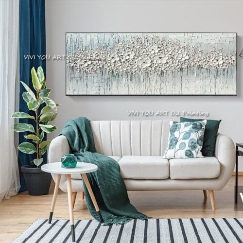 The Hand Painted High Quality Nature Abstract Canvas Oil Painting Thick Textured Wall Art Modern White Flower Porch Decoration