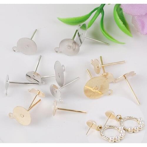 100Pcs Gold/Rhodium Iron Stud Earring Spacer Post Back Flat Blank Base Pins Settings for 4 6 8 10mm Cabochon Jewelry Making