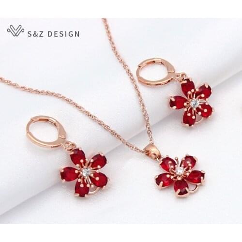 S&Z DESIGN New Fashion Cute Red Flowers Cubic Zirconia Dangle Earrings Jewelry Sets Pendant Necklace For Women Wedding Jewelry