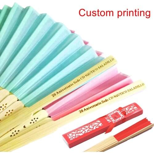 50pcs/lot Personalized Bride & Grooms Name & Date Silk Wedding Hand Fan with Gift Box Custom Printing Free Shipping