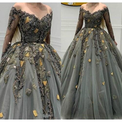 Middle East Dubai Arabic Elegant Beaded Evening Gowns 2020 Sequined Prom Dress Long Sleeve Evening Dresses Abendkleider Robe