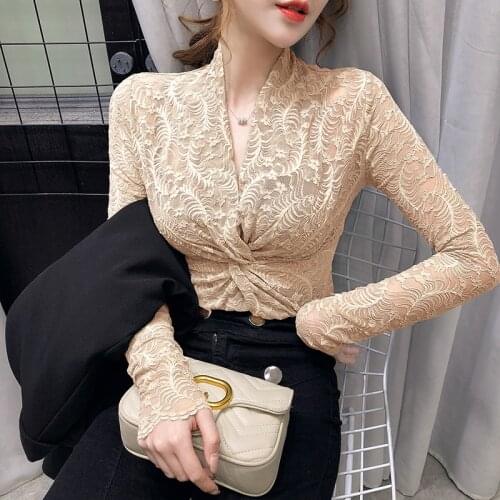 Women Long Sleeve Lace Blouse Sexy Crossover V Neck Spring Summer Hollow Out Slim Basic Tops Tees Ladies Clothing