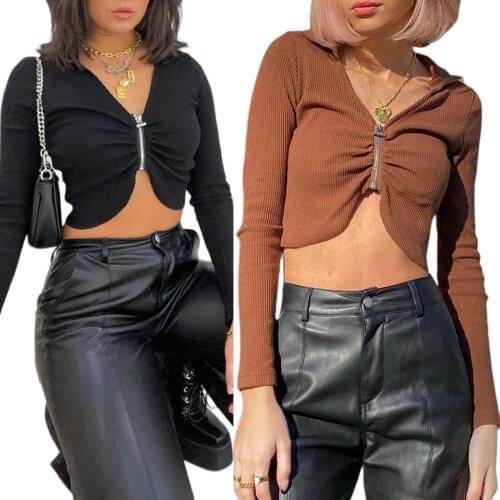 Womens Zip Up Casual Polyester Crop Tops Long Sleeve V-Neck Solid Color Ruched Rib Knit T-Shirts