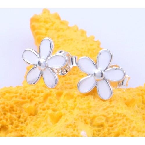 Sterling Silver Epoxy Pandora Earrings Family S925 Silver True Love Daisy Ear Stud Earrings Female Simple Wild