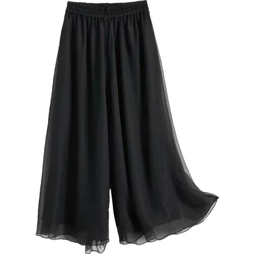 AECU Women Pant Wide Leg Solid Color Culottes Pant Female High Waist Thin Chiffon Plus Size Casual Ladies Culottes Trousers