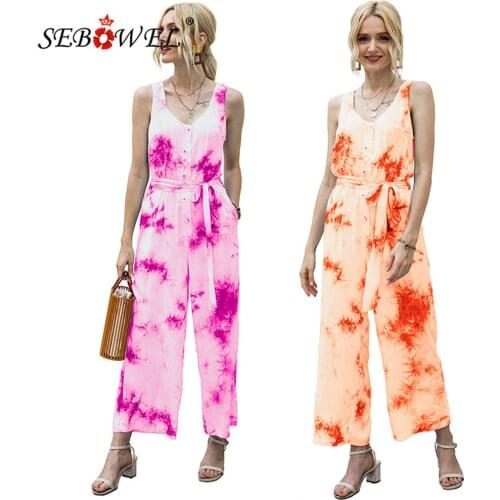 SEBOWEL Sleeveless Jumpsuit Women Summer 2020 Fashion Tie-dye Print Romper Jumpsuits with Sashes Pockets Casual Female Overalls