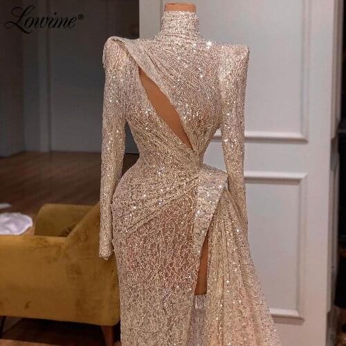 Lowime Champagne Evening Gown Beaded Elegant High Split Party Dress 2021 Robe Plus Size Mermaid Long Sleeves Pleats Prom Dresses