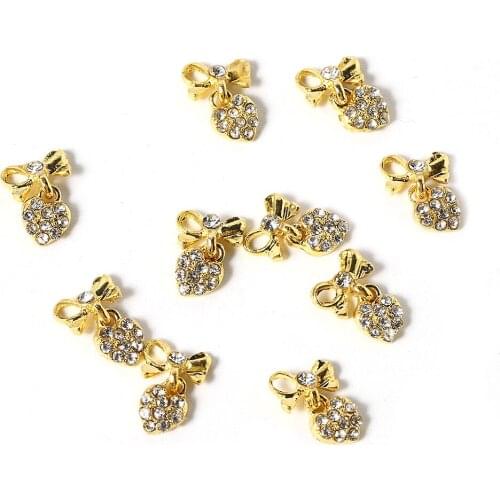 10Pcs/Pack Alloy 3D Gold Bowknot Nail Jewelry Glitter Rhinestones Nail Art Decorations For Nails Christmas Holiday Celebration