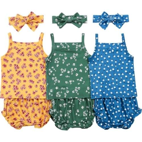 Pudcoco 0-24M 3Pcs Casual Baby Girls Summer Floral Print Sleeveless Vest Tops+Ruffles Shorts Pants+Headband Clothes Sets