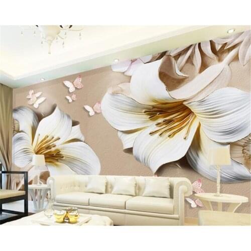 Beibehang wallpaper for kids roomCustom fashion vinyl wall embossed lily sofa background floral wallpaper papier peint mural 3d