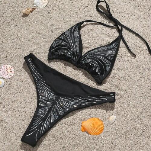 Shiny Rhinestone Bikinis Brazilian Girls Swimming Beachwear Bandage Top+High Cut Thong Black Bikinis Micro Mini Swimwear Set