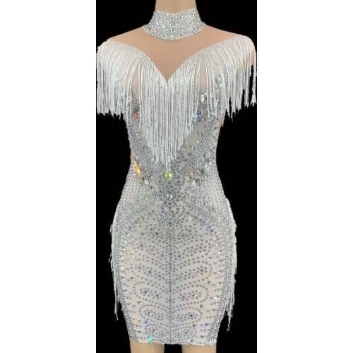 Sparkly Silver Rhinestone Fringe Mesh Short Dress Women Birthday Celebrate Mesh Transparent Party Dress Stage Bar Club Outfit