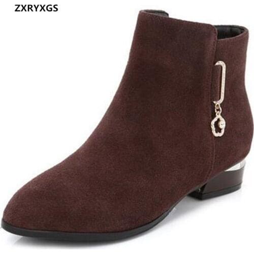 2020 New Frosted Cowhide Pointed Autumn and Winter Boots Thick With Low Heel Short Boots Womens Shoes Large Size Martin Boots