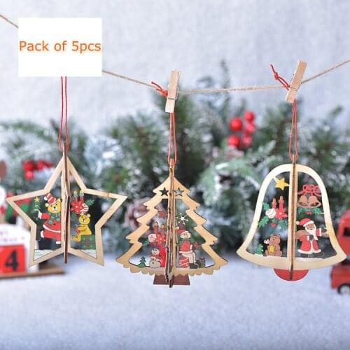 5pcs Car Christmas Wooden Pendant Snowflake Bell Five-pointed Star Christmas Tree Auto Home Decoration Ornament Accessories