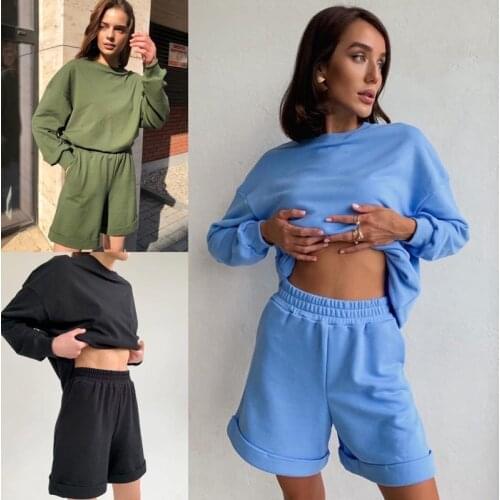 Womens 2 Piece Outfits Casual Sweatsuit Sets Active Tracksuit Long Sleeve Crop Tops Shorts Workout Sets Loose Sport Jogger Suit