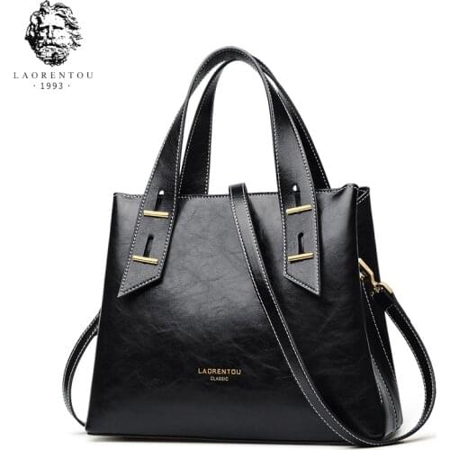 LAORENTOU Women Cow Leather Shoulder Bag Retro Handle Bag Female Fashion Design Totes Lady Large Capacity Messenger Bags Purse