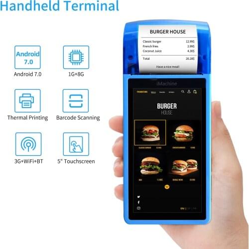 Handheld POS Receipt Printer Android 7.0 PDA Terminal 1D/2D/QR Barcode Scanner 3G WiFi BT Communication with 5 Inch Touchscreen