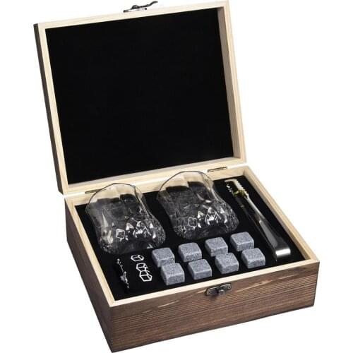 Whiskey Stones and Whiskey Glass Gift Box Set - 8 Granite Chilling Whisky Rocks + 2 Glasses in Wooden Box - Best Gift for Men Fa