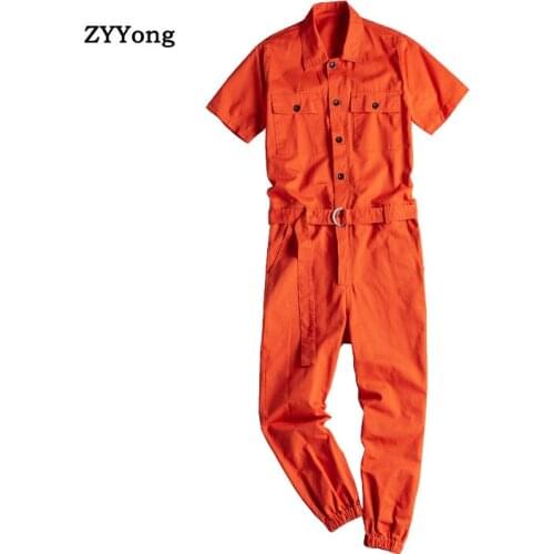 ZYYong Summer Mens Orange Short-Sleeved Jumpsuit Hip Hop Casual Multi-Pocket Solid Color Mens Overalls Fashion Mens Trousers