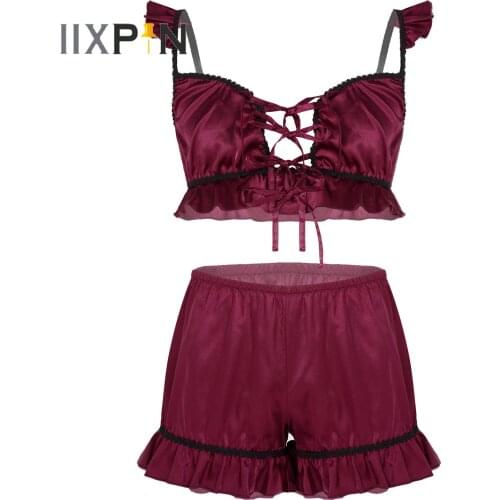 Mens Erotic Lingerie Set Satin Lace-up Front Ruffled Vest Top with Elastic Waistband Panties Bottom Sissy Pajama Suit Sleepwear