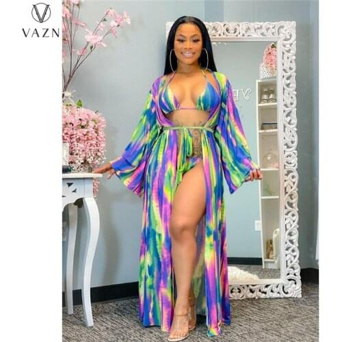VAZN 2021 Summer Backless Striped Print Full Sleeve O-neck Sexy Bandage Swimming Beach Suits 3 Piece Set Women Top And Pant