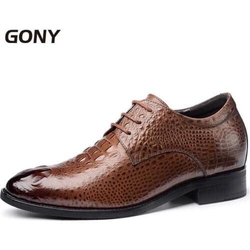 Fashion Black/Brown Fake Crocodile Calfskin Dress Business Tall Men Height increasing Shoes with Hidden Insoles