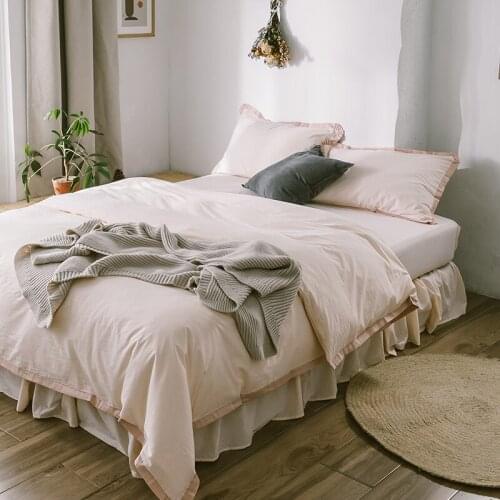 Washed Cotton Four-Piece Set Contrast Color Cotton Bare Sleeping Ruffled Pure Cotton Japanese Style Minimalist Bed Sheets