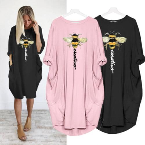 New Fashion Dress For Women Pocket Animal Bee Cartoon Women Dress Vestidos Female Big Size Harajuku Dresses Woman Cloth