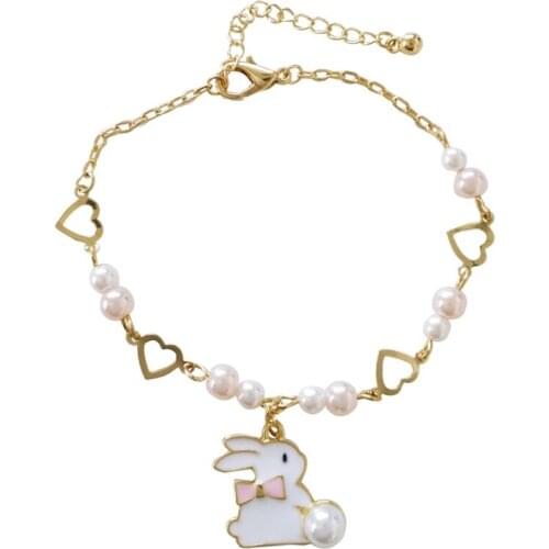 Lovely Rabbit Charm Bracelet Simulated Pearl Heart Charms Gold Color Wrist Chain for Women Girl Chic Friendship Jewelry Gift