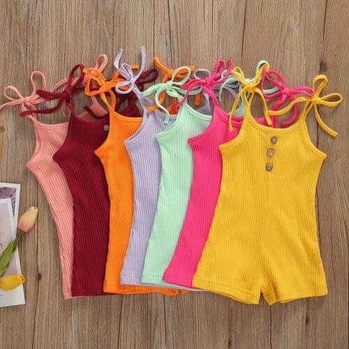 Baby Girls clothes off shoulder Button solid Romper strap cotton sleeveless lovely Jumpsuit Summer Rompers