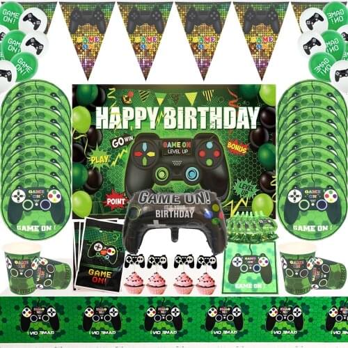 Game On Theme Party Disposable Tableware Green Video Game Controller Napkin Paper Cup Plate Boy Kids Party Supplies Decoration