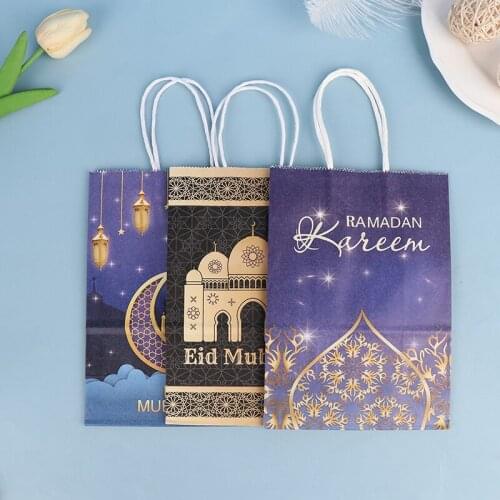 10pcs Ramadan Kraft Paper Bag Muslim Eid Mubarak Golden Tote Bags Gift Packaging