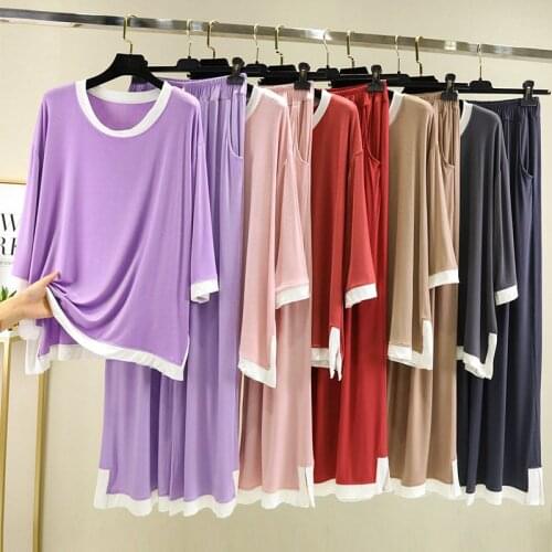 2021 New Pajamas Suit Bat Sleeve Hit Color 95% Cotton O-Neck Elastic Waist Wide Leg Pants Trousers 2 Pieces Set Soft Home Wear